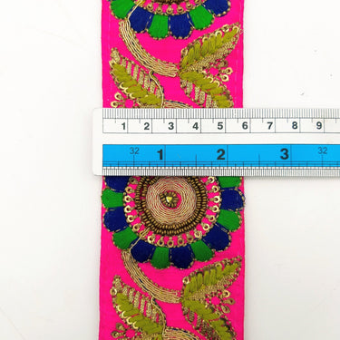 Fuchsia Art Silk Lace Trim, Floral Embroidery in Green and Blue, Hand Embroidered Border with Antique Gold beads and Gold Sequins